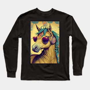 Psychedelic Horse with Headphones and Sunglasses Long Sleeve T-Shirt